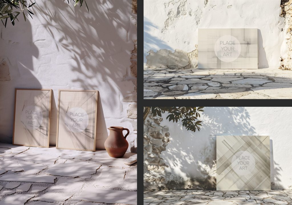 Mediterranean frame mockup bundle with natural light and textured environments