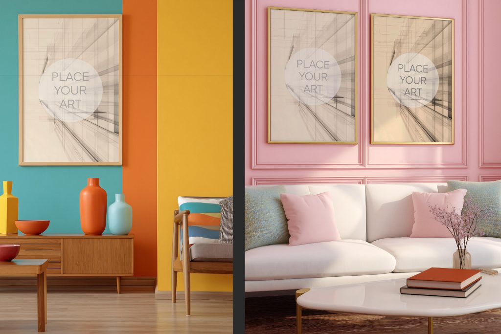 A single wood frame on a turquoise and orange color-block wall with retro decor, and a dual gold frame set on a pastel pink paneled wall above a white sofa.