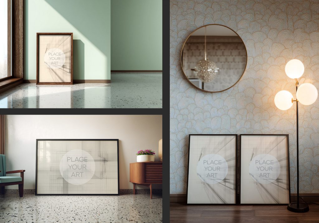 atomic-era-retro-revival-wall-art-frames-bundle-mosaic.jpg Mosaic of three professional wall art mockups featuring mid-century modern interiors with terrazzo floors, sage green walls, and vintage patterned wallpaper with atomic era lamps.