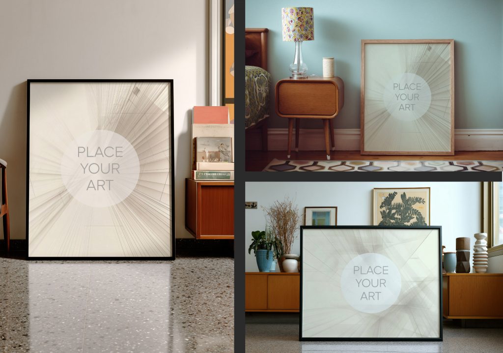 Mosaic of three premium frame mockups: a large black vertical frame on reflective terrazzo, a light wood frame in a blue bedroom with a vintage nightstand, and a horizontal black frame in a sunlit studio with plants and pottery.