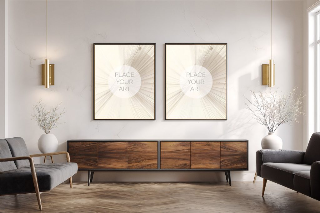 dual-vertical-black-frames-mockup-luxury-mid-century-living-room-gold-accents.jpg Two vertical black frames mockup hanging side by side on a white marble-textured wall above a dark wood mid-century sideboard with gold wall sconces.