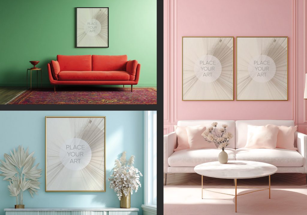 eclectic-vintage-wall-art-mockup-bundle-atomic-era-colorful-interiors.jpg Mosaic of three elegant frame mockups featuring a black frame in a green room with a red sofa, a dual gold frame set in a pink pastel lounge, and a vertical gold frame in a light blue room with dry plants.