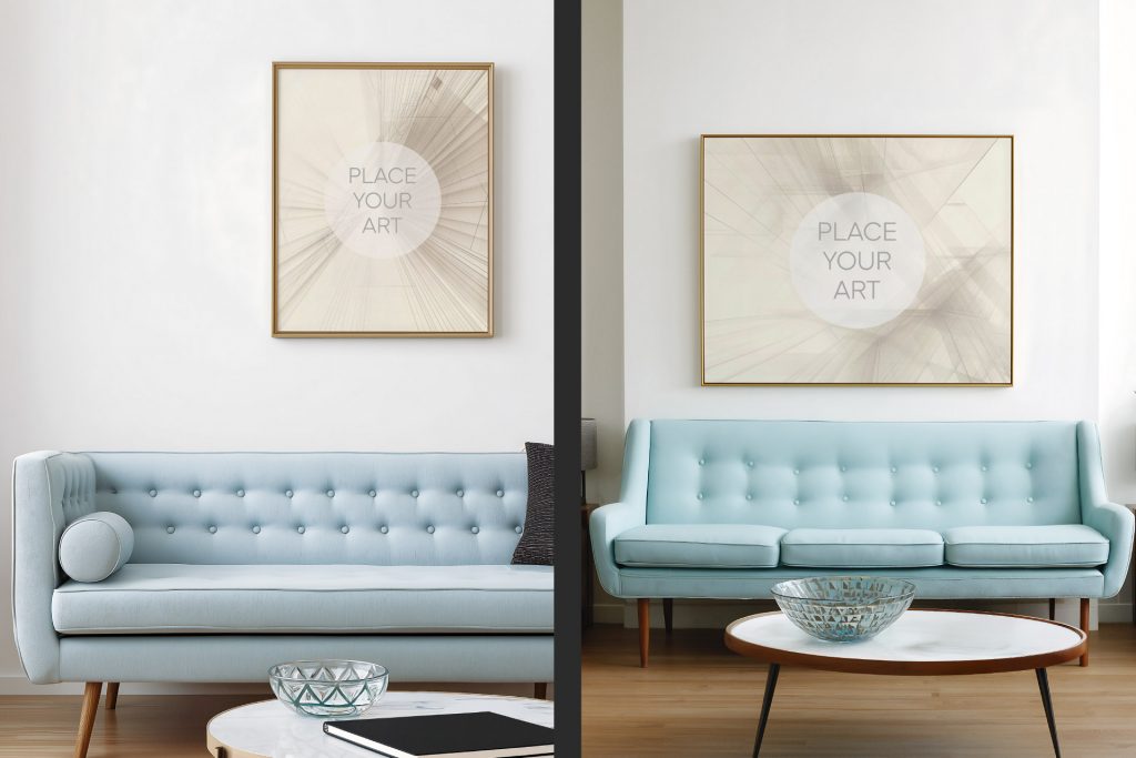 minimalist-mid-century-living-room-frame-mockup-bundle-baby-blue-sofa.jpg Two-image mosaic showing a vertical gold frame and a horizontal gold frame above a stylish baby blue mid-century sofa in a bright white room.