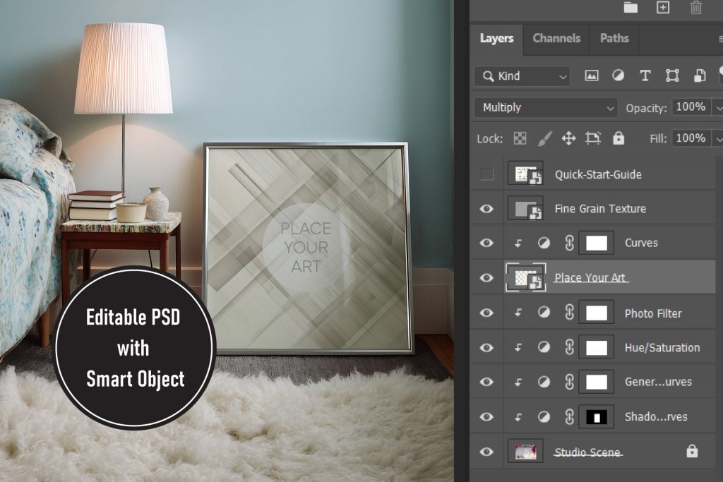 Close-up of Photoshop layers panel showing an organized PSD structure with Smart Objects, grain texture, and adjustment curves for an Atomic Era mockup.