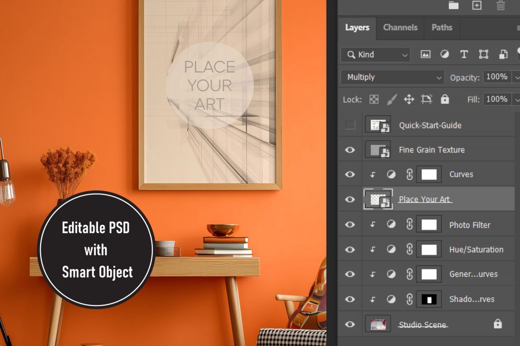 Photoshop layers panel showing organized PSD structure with Smart Objects and color adjustment layers for a vibrant orange vintage mockup.