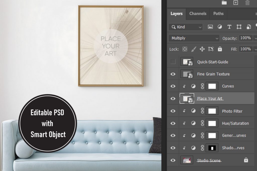 photoshop-psd-layers-smart-object-luxury-atomic-era-mockup-workflow.jpg Photoshop layers panel showing an organized PSD structure with Smart Objects and professional adjustment layers for a clean mid-century modern mockup.