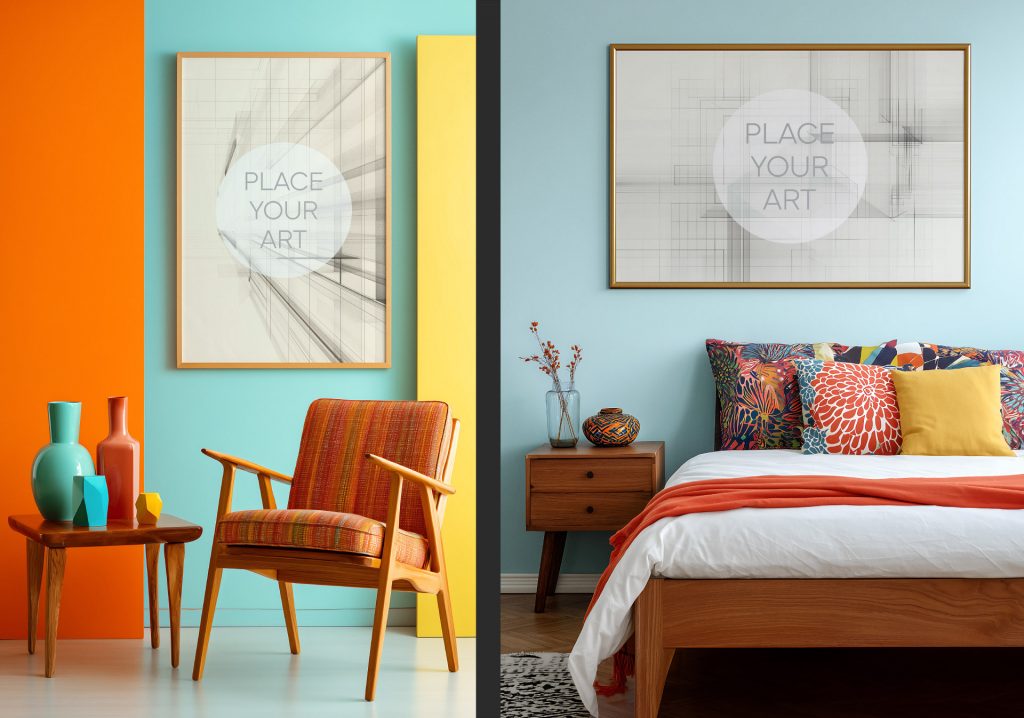 A vertical wood frame on a turquoise and orange wall with a mid-century orange armchair, and a horizontal gold frame over a bed with colorful tropical pillows and a light blue wall.