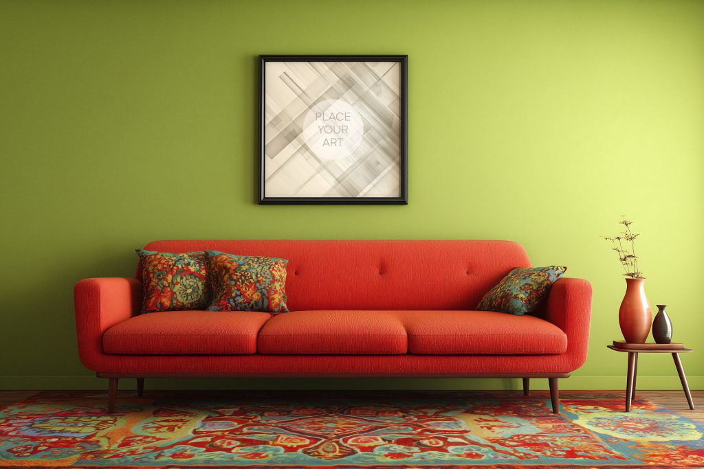 square-black-frame-mockup-green-wall-red-sofa-boho-retro-living-room.jpg Square black frame mockup hanging on a vibrant olive green wall above a bright red mid-century sofa with a colorful bohemian rug.