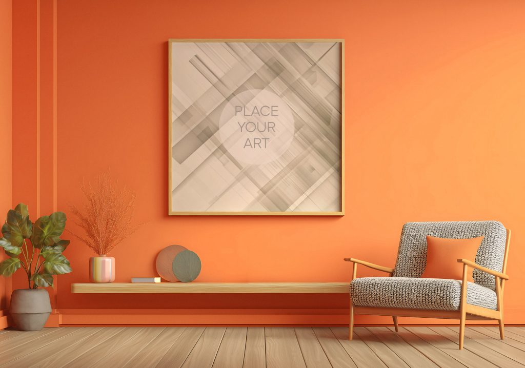 square-wood-frame-mockup-vibrant-orange-living-room-retro-armchair.jpg Square wood frame mockup on a bright orange wall in a retro living room featuring a patterned mid-century armchair and minimalist wooden shelving.