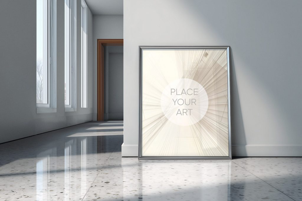 Vertical silver chrome frame mockup in a bright minimalist gallery hallway with natural light shadows on a polished terrazzo floor and vintage mid-century architecture.