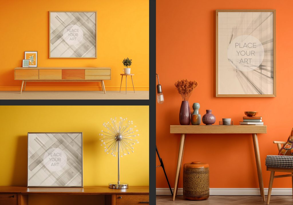 Mosaic of three vibrant frame mockups: a square wood frame on an orange wall with a mid-century sideboard, a square silver frame on a yellow wall with a Sputnik-style lamp, and a vertical wood frame on an orange wall with retro decor.