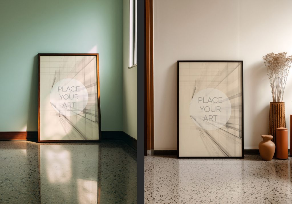wall-art-frame-mockup-atomic-era-retro-terrazzo-mint.jpg Dual mosaic of two vertical wall art frame mockups: a wooden frame against a mint green wall and a black frame on a polished terrazzo floor in a retro mid-century interior.