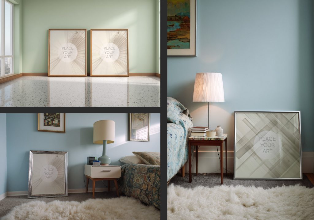 Mosaic showing three different wall art frame mockups: twin wooden frames on a terrazzo floor, a chrome frame in a blue bedroom with a shaggy rug, and a square silver frame next to a mid-century nightstand.