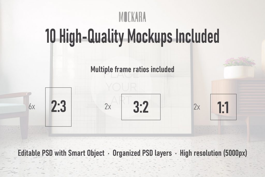wall-art-frame-mockup-bundle-ratios-2-3-3-2-1-1-atomic-era.jpg Infographic showing 10 high-quality mockups included in the Atomic Era collection, featuring multiple frame ratios: 2:3 vertical, 3:2 landscape, and 1:1 square, with details about editable PSD layers.