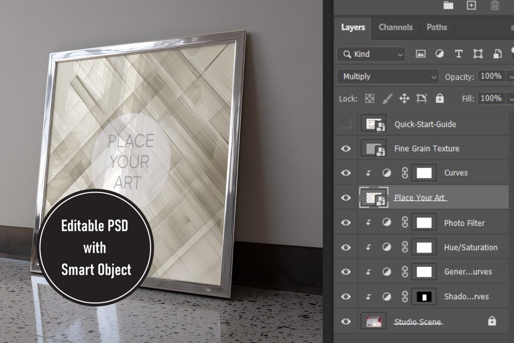 wall-art-frame-mockup-psd-editable-layers-smart-object-atomic-era.jpg Technical preview of an editable wall art frame mockup in Photoshop showing the layers panel with smart objects, curves, and photo filters over a retro chrome frame scene.