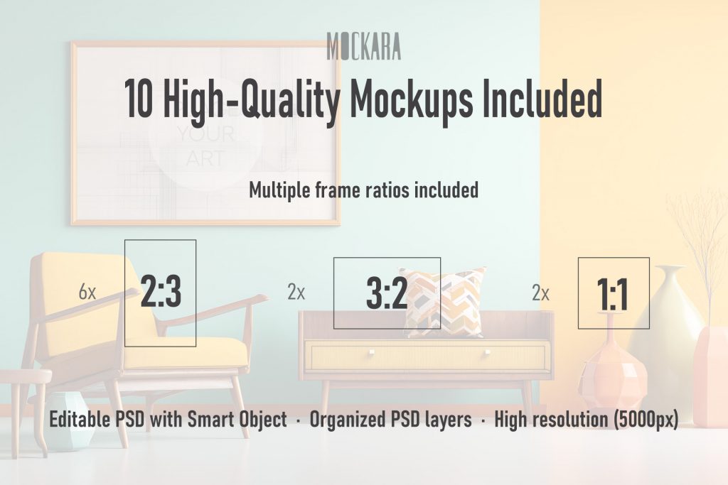 Technical guide for the Atomic Era vibrant mockup pack showing 10 high-quality PSD files with 2-3 vertical, 3-2 horizontal, and 1-1 square frame ratios.