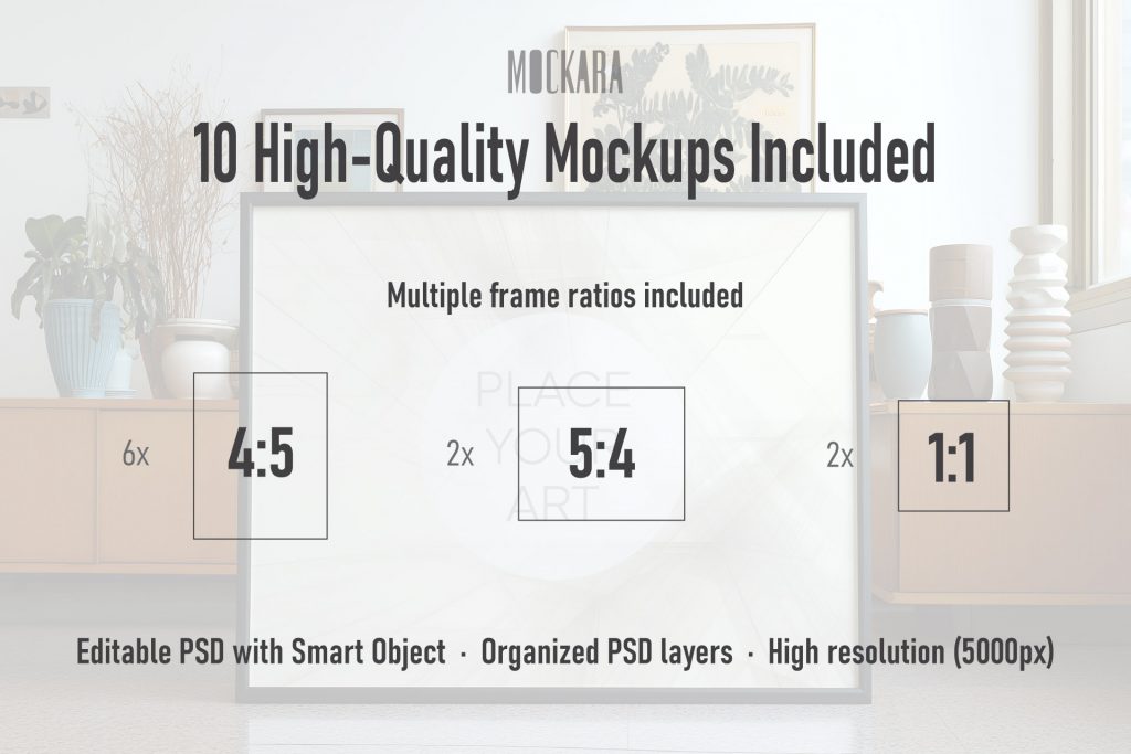 Technical infographic of the Atomic Era mockup pack showing 10 high-quality PSD files with 4:5, 5:4, and 1:1 frame ratios on a vintage mid-century background.