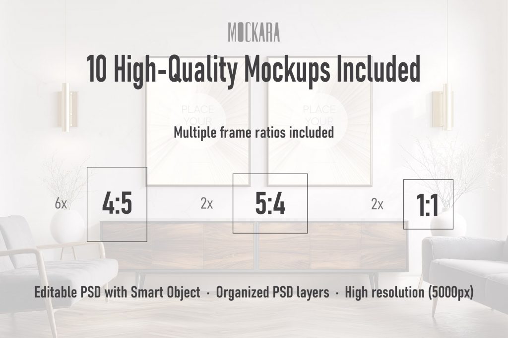 wall-art-frame-mockup-ratios-4-5-5-4-1-1-retro-revival-pack-specs.jpg Technical specifications for the Atomic Era luxury mockup pack featuring 10 high-quality PSD files with 4-5 portrait, 5-4 landscape, and 1-1 square frame ratios.