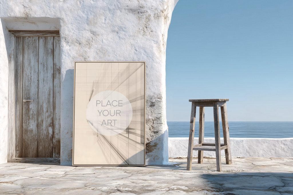 Mediterranean coastal frame mockup with sea view and natural light