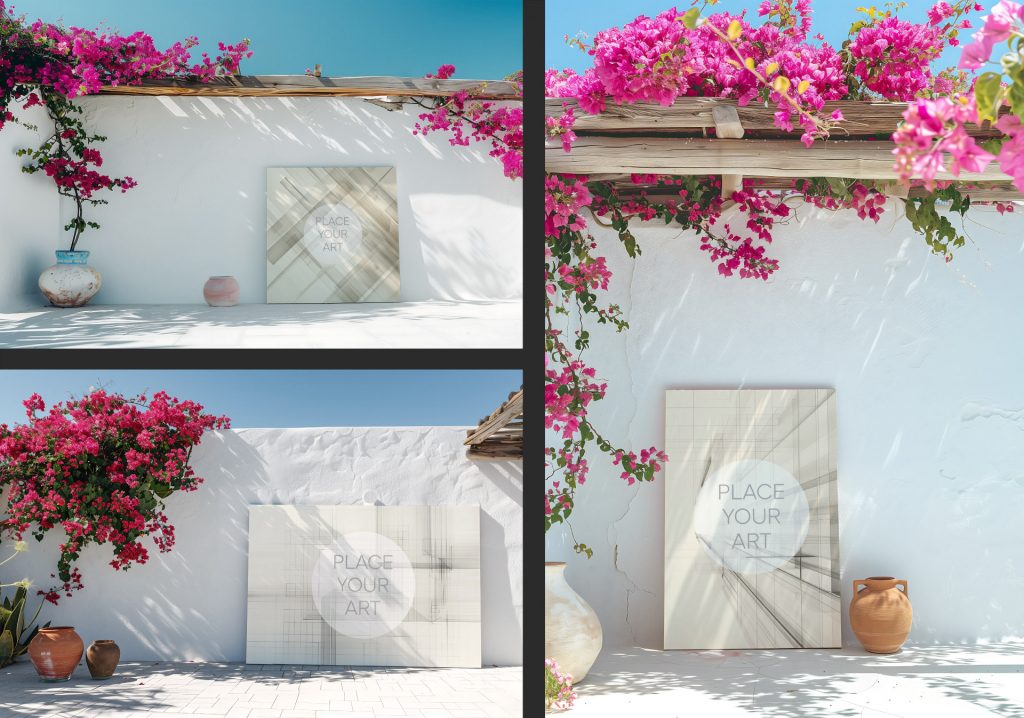 Mediterranean frame mockup set preview with multiple interior and outdoor scenes