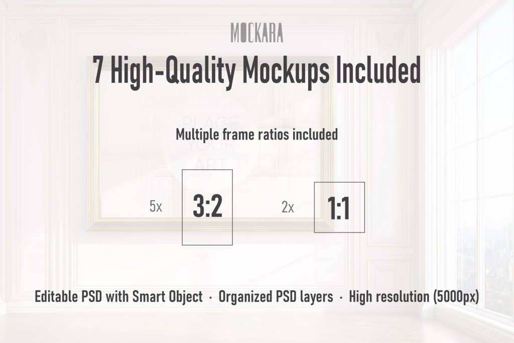 art-deco-gilded-age-mockup-collection-ratios-3-2-1-1.jpg Infographic for the Art Deco Gilded Age bundle showing 7 high-quality mockups with multiple ratios: five 3:2 landscape frames and two 1:1 square formats.