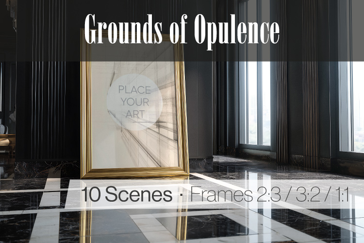 art deco wall art mockup with framed poster resting on floor in elegant interior