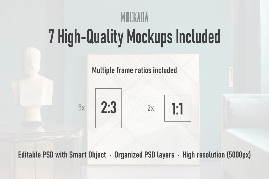 art-deco-mockup-collection-frame-ratios-2-3-1-1.jpg Infographic for Mockara bundle showing 7 high-quality mockups with multiple frame ratios: five 2:3 vertical and two 1:1 square formats.