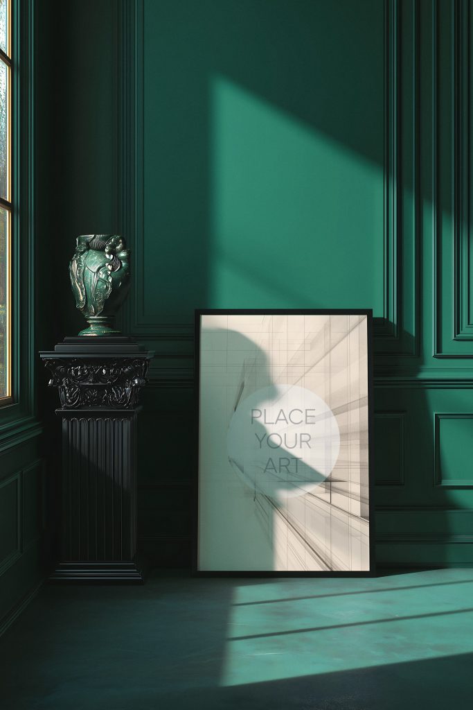 Minimalist black poster mockup leaning against an emerald green wainscoted wall next to a vintage black pedestal.