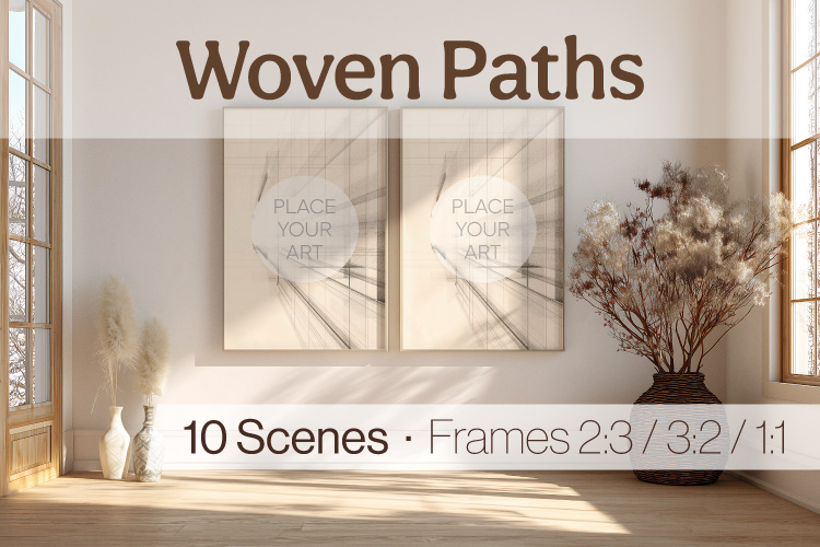 Boho interior mockup with natural fabrics, soft sunlight and framed wall art in warm neutral tones.