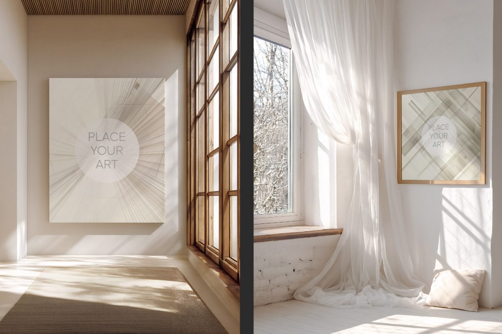 A split-view mockup featuring two distinct interior scenes with square art frames in sunlit, minimalist boho-style rooms with wooden windows and sheer curtains.