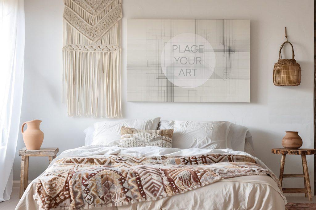 Horizontal landscape canvas mockup hanging on a white wall above a bed with tribal patterned blankets next to a large macrame wall hanging.