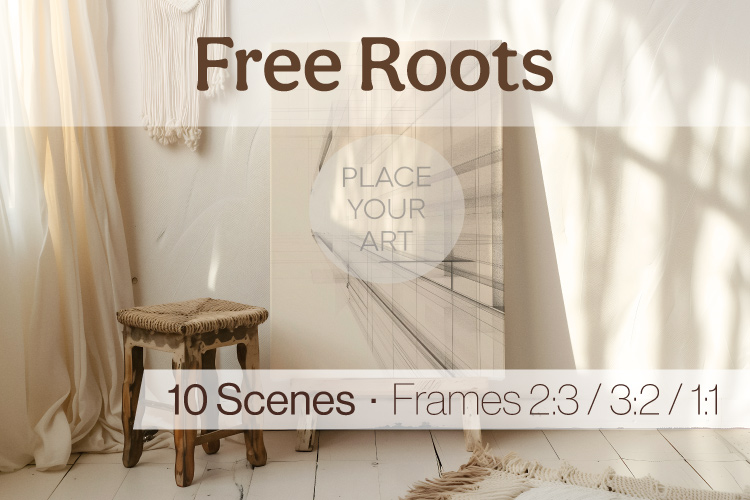 Boho wall art mockup with framed artwork resting on the floor in a natural interior