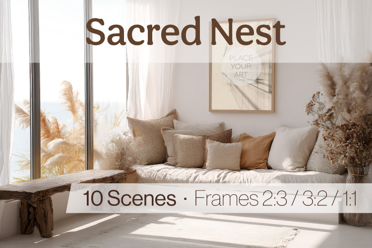 Boho wall art mockup in a cozy interior with natural textures and soft light