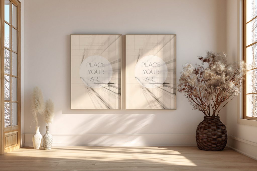 Two vertical art frame mockups hanging on a white wall in a boho living room with dried botanical decor and natural light.