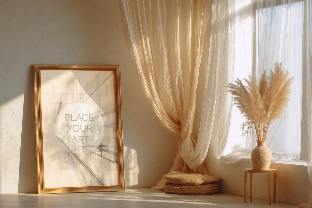 Vertical frame mockup leaning on the floor in a sunlit boho room next to sheer curtains and a pampas grass vase.