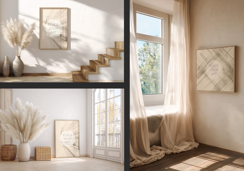 Collage of three interior scenes featuring vertical and square art frame mockups in bohemian styled rooms.