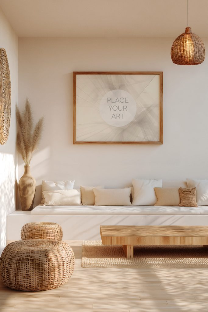 A horizontal wood frame mockup hanging above a built-in daybed in a cozy boho living room with rattan ottomans, wooden coffee table, and warm natural lighting.