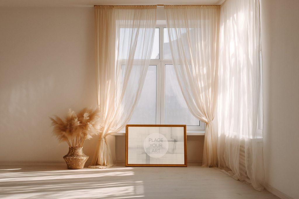 Horizontal wood frame mockup leaning on the floor in front of a window with sheer beige curtains and a pampas grass vase.