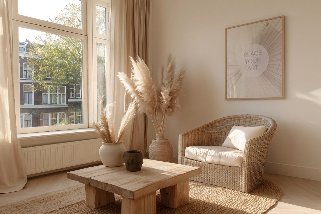 Vertical wooden frame mockup hanging on a white wall next to a wicker armchair, a low wooden coffee table, and a large window with pampas grass.