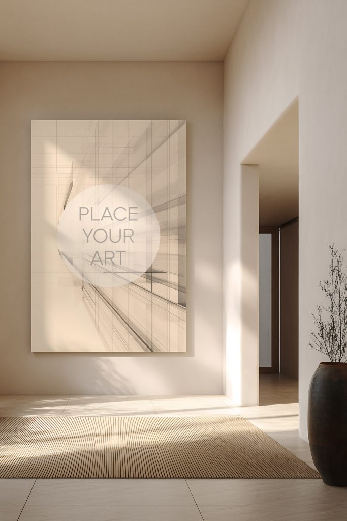 Large vertical canvas mockup hanging on a neutral wall in a minimalist hallway with a natural fiber rug and a decorative vase.