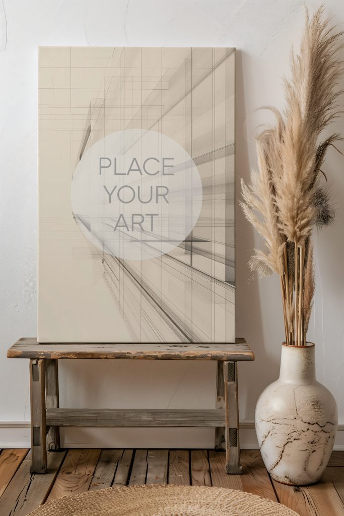 Vertical canvas mockup standing on a rustic wooden bench next to a tall ceramic vase with pampas grass on a wood floor.