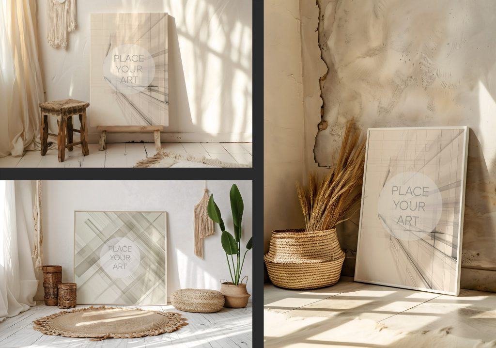 Three-image collage showcasing minimalist boho frame mockups with natural pampas grass, jute rugs, and soft bright morning shadows.