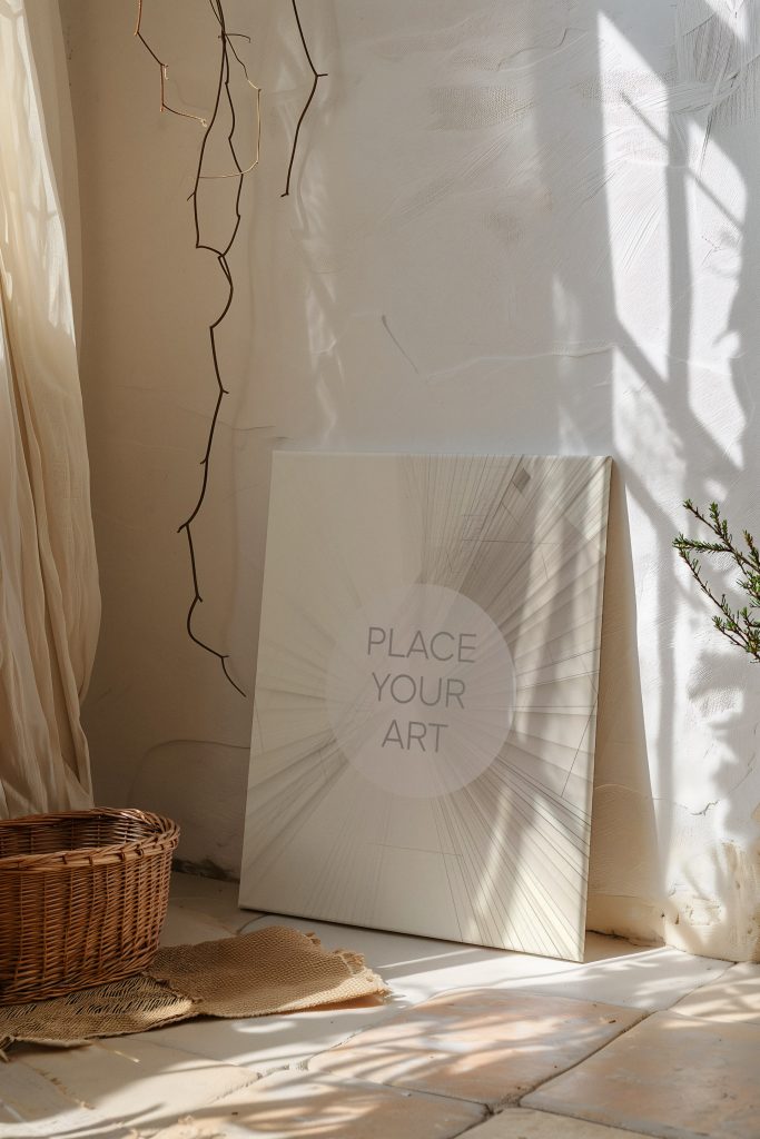 Vertical canvas mockup leaning on the floor against a textured rustic plaster wall with dramatic morning sunlight window shadows.