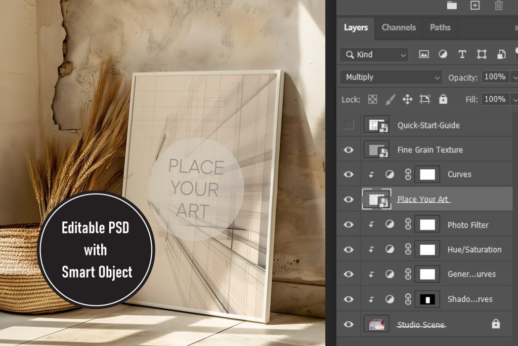 Photoshop layers panel interface showing the smart object layer next to a boho frame mockup with wheat stalks and a wicker basket.