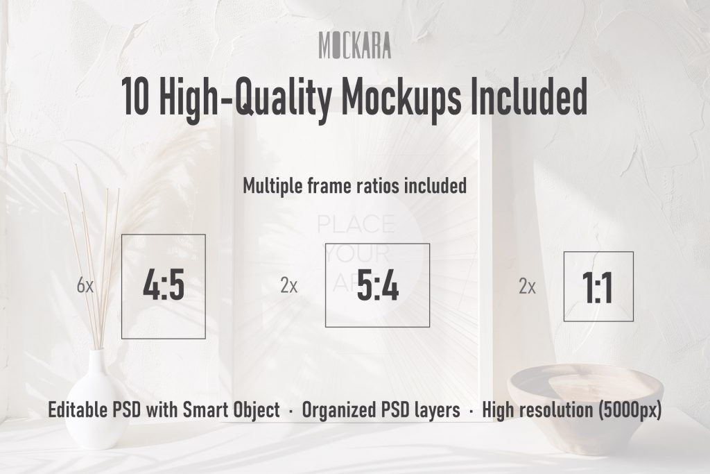 Infographic banner for the Boho Light collection showing ten high-quality mockups with four-five, five-four, and one-one print aspect ratios.