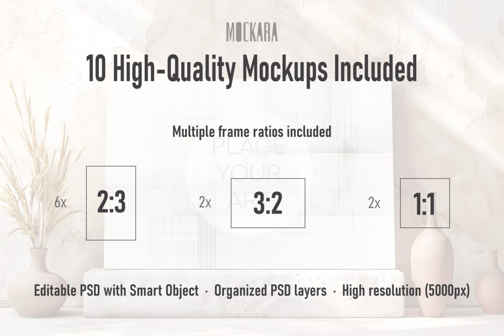 Infographic banner showcasing the Boho Light collection features including ten high-quality mockups with two-three, three-two, and one-one aspect ratios.