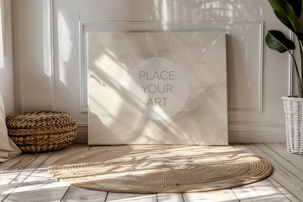 Horizontal landscape canvas mockup leaning on a wooden floor with a round jute rug, wicker pouf, and tropical plant against a paneled wall.