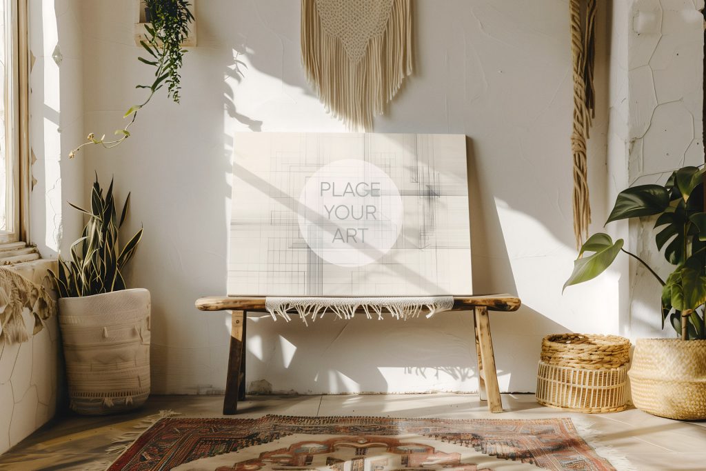 Horizontal canvas mockup leaning on a wooden bench inside a bright boho chic room with macrame wall hanging, potted plants, and an ethnic rug.