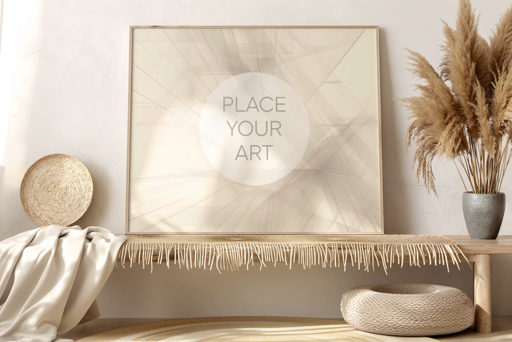 Large landscape horizontal canvas mockup leaning on a white wall over a wooden bench with fringed textiles, a woven pouf, and pampas grass.