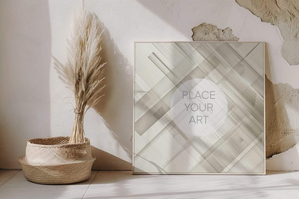 Large square canvas mockup leaning on the floor against a rustic textured plaster wall next to a wicker basket with dried pampas.